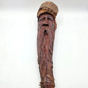 Vintage Wood Spirit Carving Face Sculpture Folk Art Signed Dated Old Man Log Art